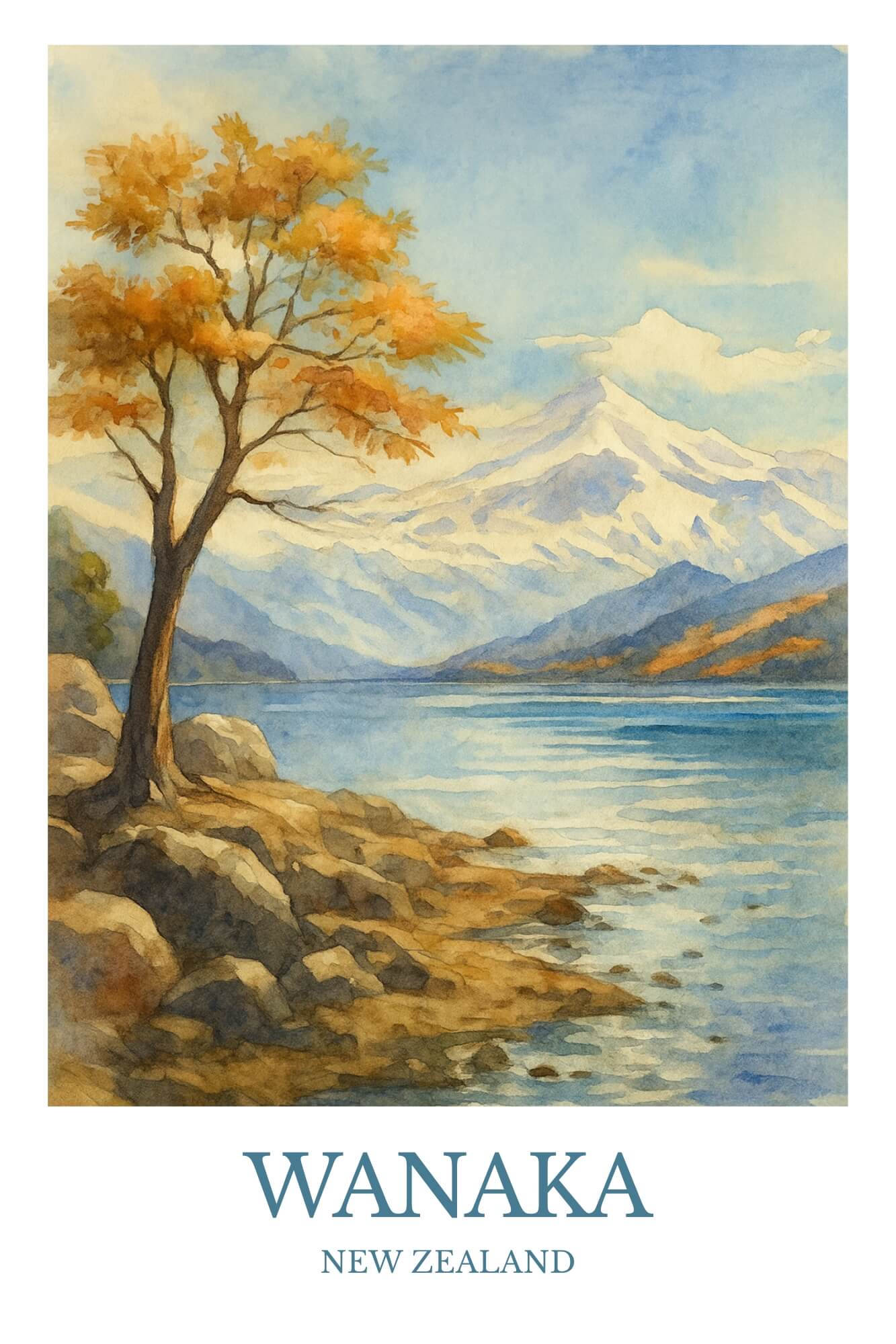 Wanaka, Watercolor design poster, New Zealand Print, Wanaka Wall Art