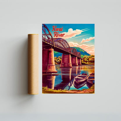 Kwai River Vintage Travel Poster -Iconic Bridge in Kanchanaburi