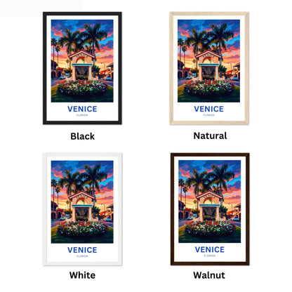 Venice, Florida Travel Poster - Evening Downtown Landmark