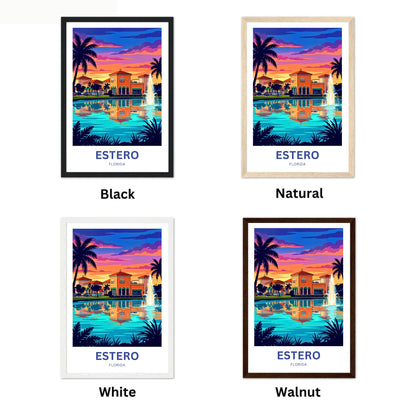 Estero Travel Poster - Palm Silhouette Evening