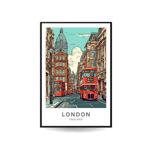 London City Print | Wall Art | Travel Poster | Red Bus | Busy Streets | London Bus | England Poster - TravelTreasureCo