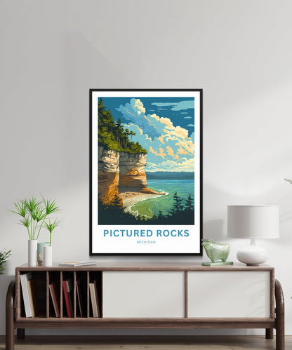 Pictured Rocks Travel Print - Pictured Rocks poster, Michigan Wall Art, Framed present, Gift Michigan Present - TravelTreasureCo