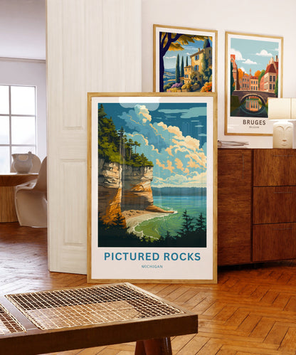 Pictured Rocks Travel Print - Pictured Rocks poster, Michigan Wall Art, Framed present, Gift Michigan Present - TravelTreasureCo