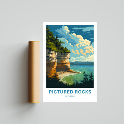 Pictured Rocks Travel Print - Pictured Rocks poster, Michigan Wall Art, Framed present, Gift Michigan Present - TravelTreasureCo