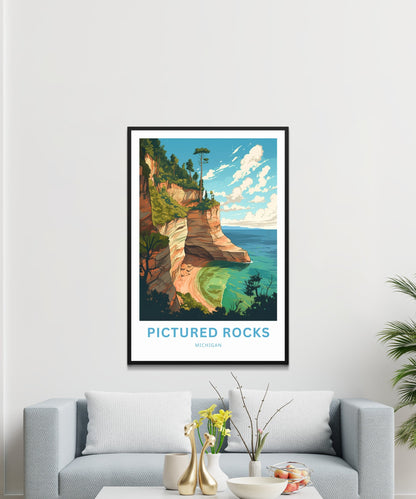 Pictured Rocks Travel Print - Pictured Rocks poster, Michigan Wall Art, Framed present, Gift Michigan Present - TravelTreasureCo