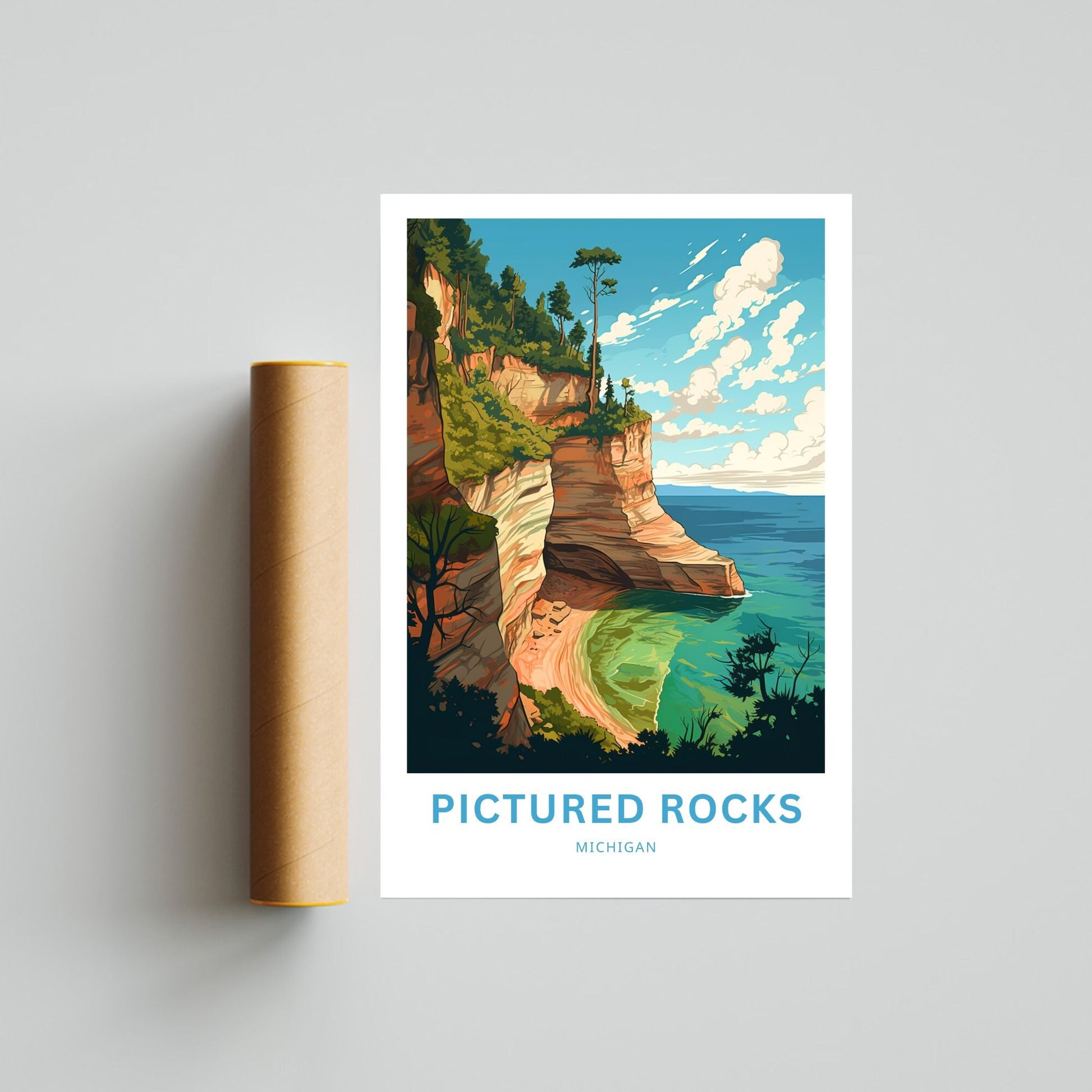 Pictured Rocks Travel Print - Pictured Rocks poster, Michigan Wall Art, Framed present, Gift Michigan Present - TravelTreasureCo