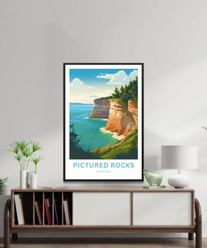 Pictured Rocks Travel Print - Pictured Rocks poster, Michigan Wall Art, Framed present, Gift Michigan Present - TravelTreasureCo