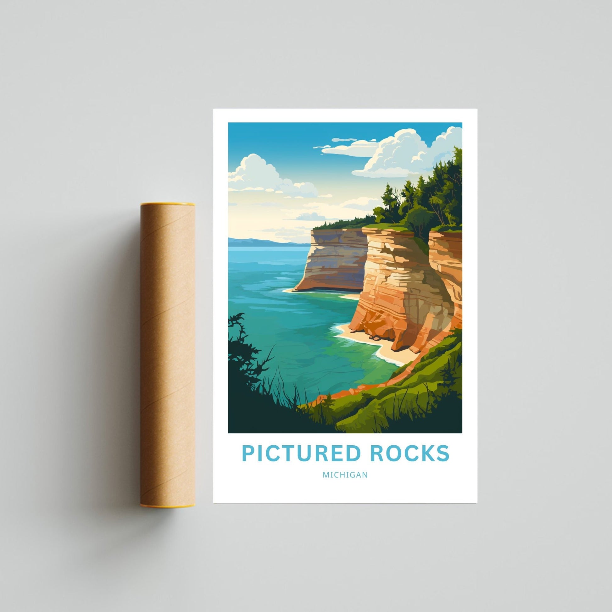 Pictured Rocks Travel Print - Pictured Rocks poster, Michigan Wall Art, Framed present, Gift Michigan Present - TravelTreasureCo