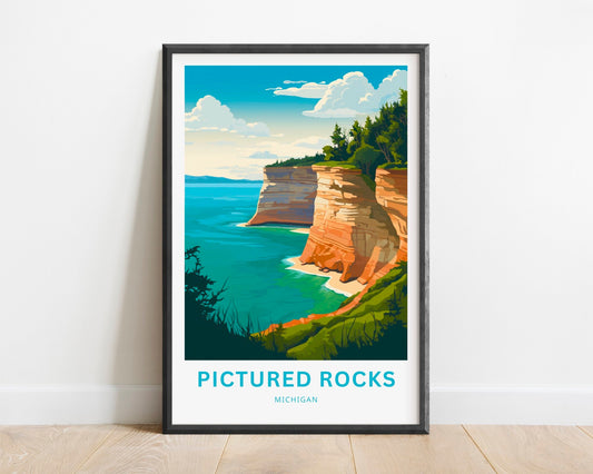 Pictured Rocks Travel Print - Pictured Rocks poster, Michigan Wall Art, Framed present, Gift Michigan Present - TravelTreasureCo