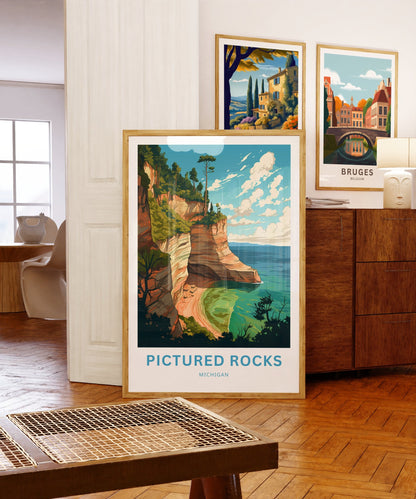 Pictured Rocks Travel Print - Pictured Rocks poster, Michigan Wall Art, Framed present, Gift Michigan Present - TravelTreasureCo