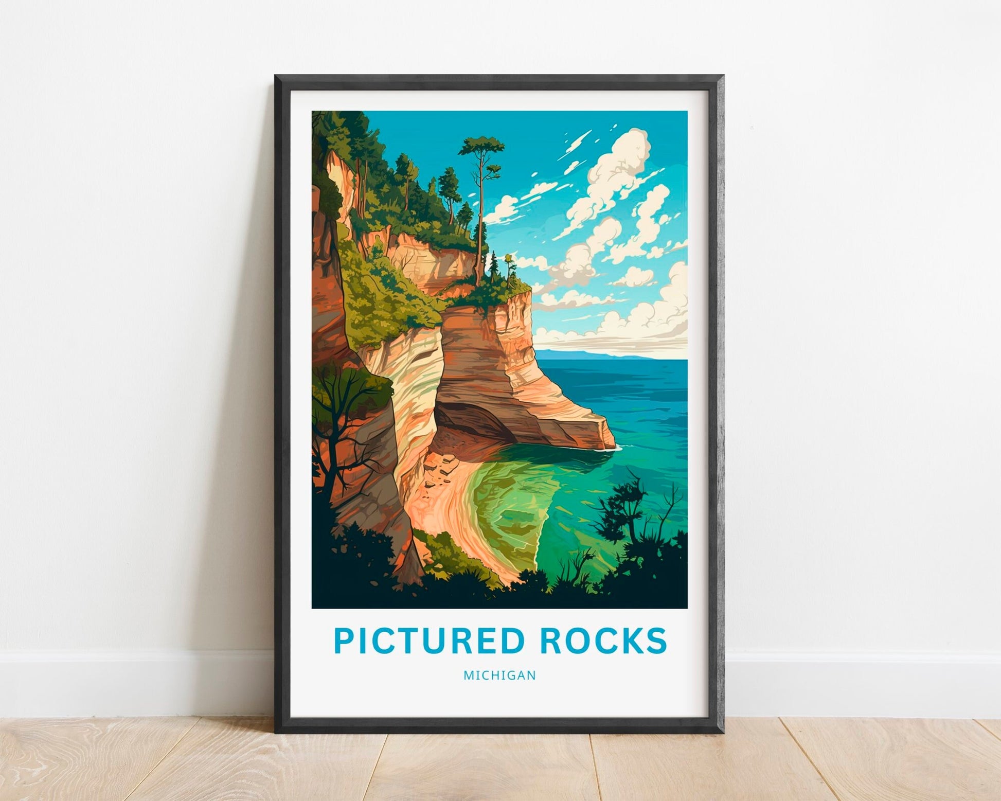 Pictured Rocks Travel Print - Pictured Rocks poster, Michigan Wall Art, Framed present, Gift Michigan Present - TravelTreasureCo