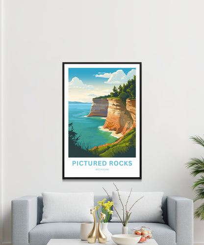 Pictured Rocks Travel Print - Pictured Rocks poster, Michigan Wall Art, Framed present, Gift Michigan Present - TravelTreasureCo