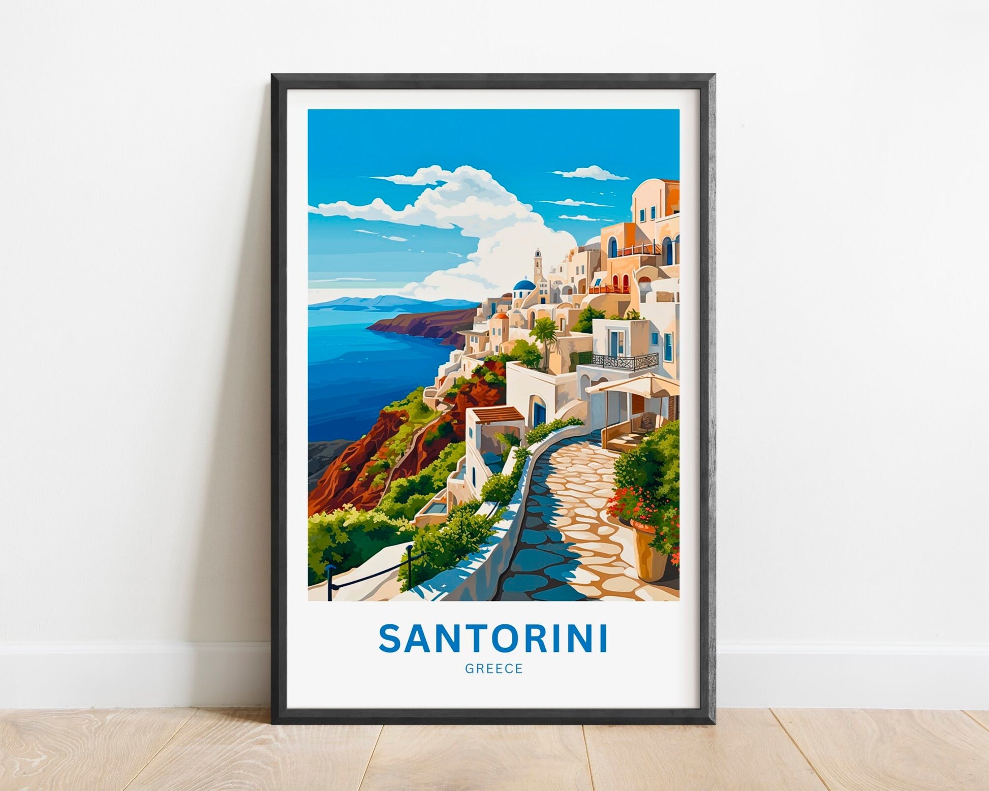 Santorini Travel Print - Santorini poster, Greece Wall Art, Framed present, Gift Greece Present - TravelTreasureCo