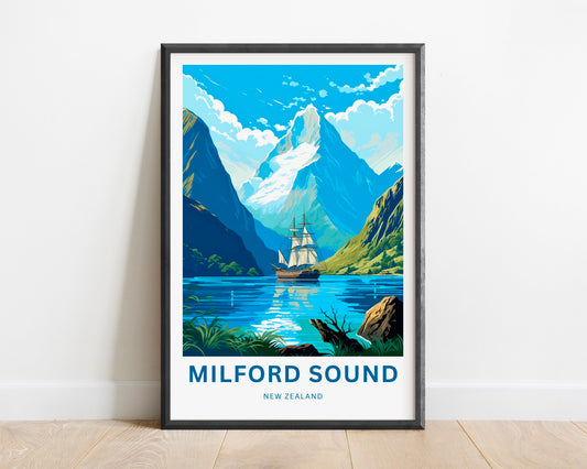 Milford Sound Travel Print - Milford Sound poster, New Zealand Wall Art, Framed present, Gift Fiordland Present, Customized Your Text - TravelTreasureCo