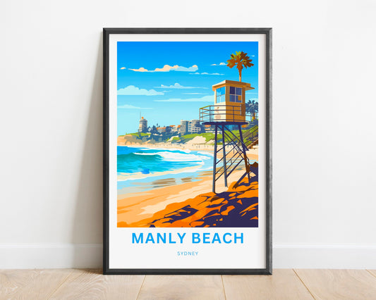 Manly Beach Travel Print - Manly Beach poster, Sydney Wall Art, Framed, Gift Australia Decor Present, Customize Your Text - TravelTreasureCo