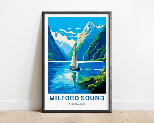 Milford Sound Travel Print - Milford Sound poster, New Zealand Wall Art, Framed present, Gift Fiordland Present, Customized Your Text - TravelTreasureCo