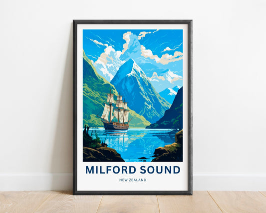 Milford Sound Travel Print - Milford Sound poster, New Zealand Wall Art, Framed present, Gift Fiordland Present, Customized Your Text - TravelTreasureCo