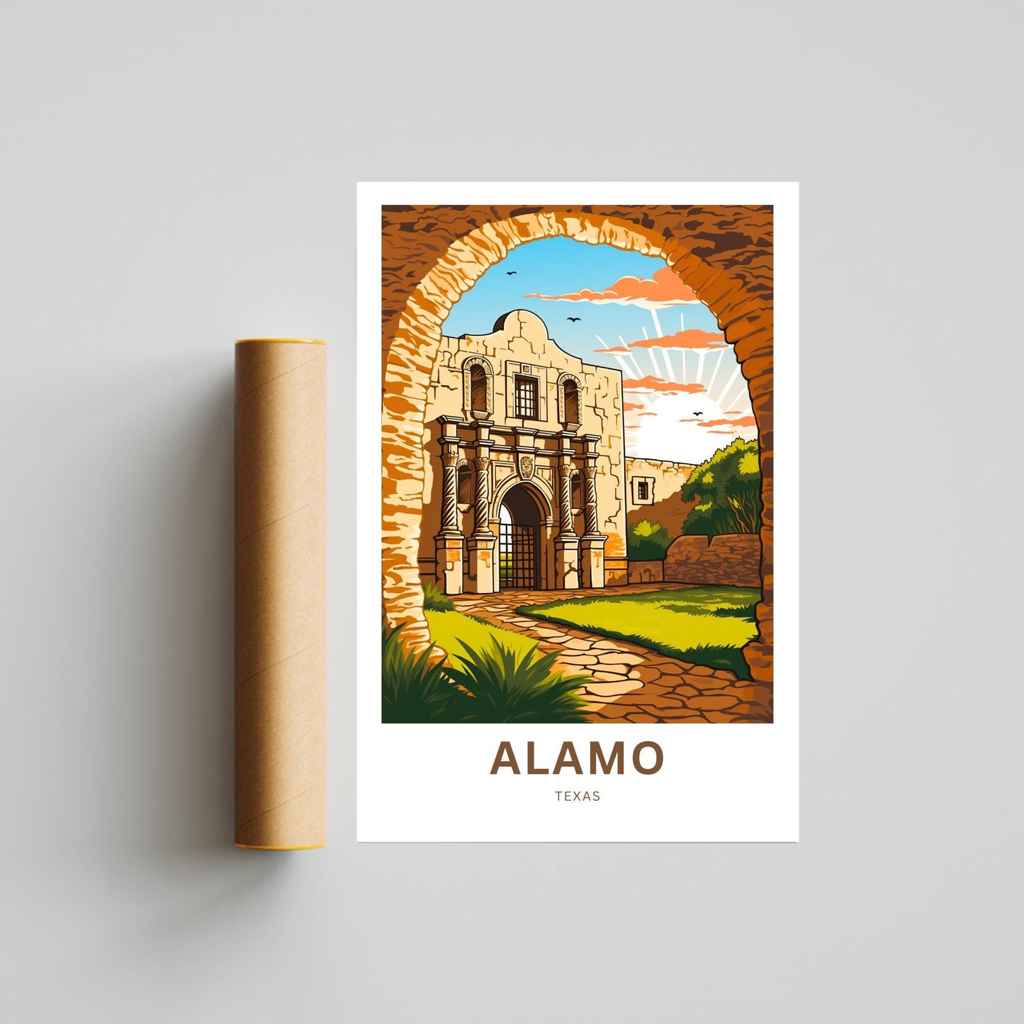 Alamo Travel Print - Alamo poster, Texas Wall Art, Framed present, Gift United States Present, Custom Text - TravelTreasureCo