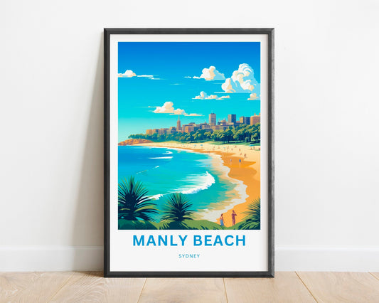 Manly Beach Travel Print - Manly Beach poster, Sydney Wall Art, Framed, Gift Australia Decor Present, Customize Your Text - TravelTreasureCo