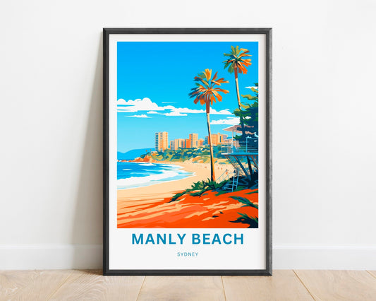 Manly Beach Travel Print - Manly Beach poster, Sydney Wall Art, Framed, Gift Australia Decor Present, Customize Your Text - TravelTreasureCo