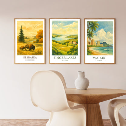 Finger Lakes, Watercolor design poster, New York Print, Finger Lakes Wall Art