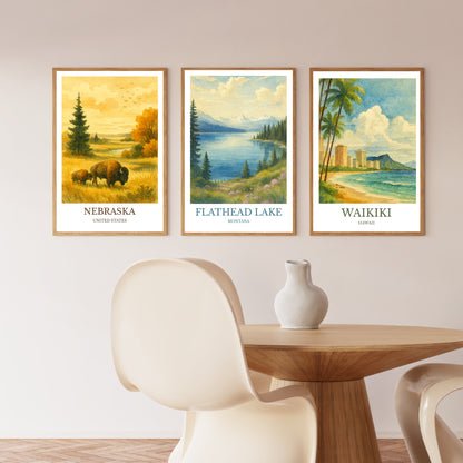 Flathead Lake, Watercolor design poster, Montana Print, Flathead Lake Wall Art