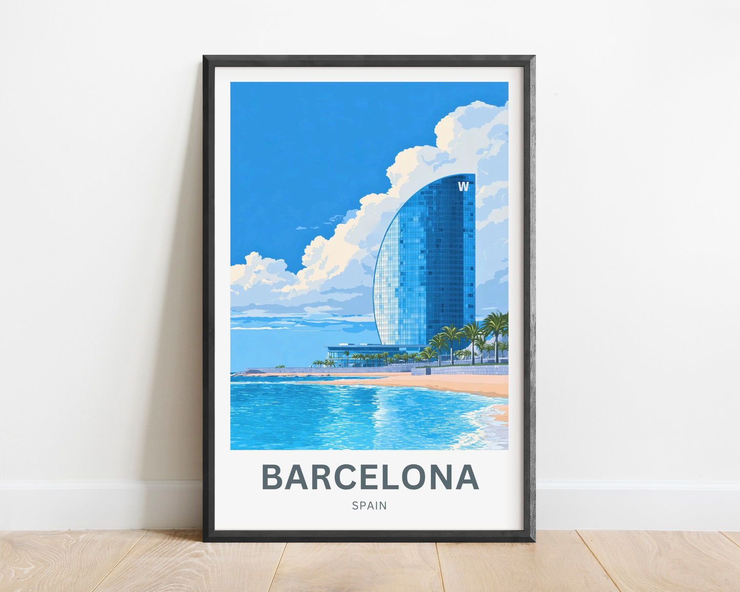 Barcelona Travel Poster  - Glass Tower by the Beach