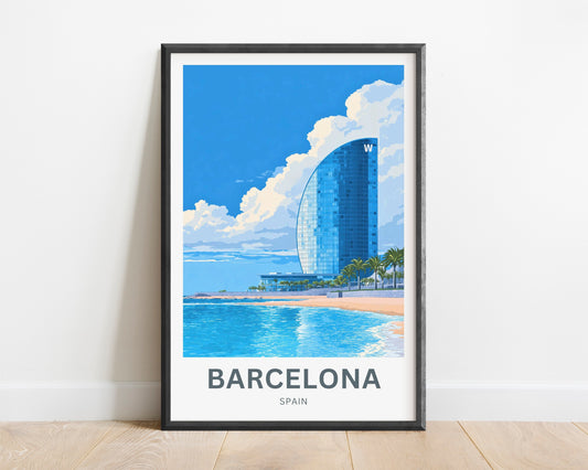 Barcelona Travel Poster  - Glass Tower by the Beach