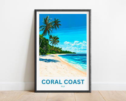 Coral Coast, Fiji Travel Poster - Stunning view of Island Palm Trees Scene