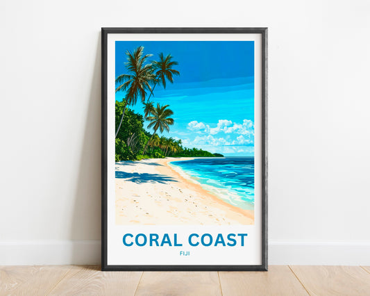 Coral Coast, Fiji Travel Poster - Stunning view of Island Palm Trees Scene