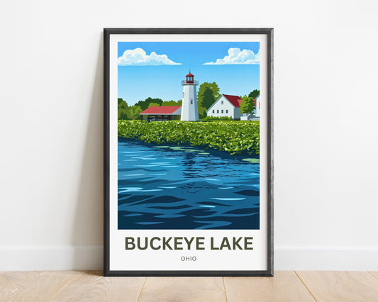 Buckeye Lake Travel Poster -  Iconic Lighthouse on the Lake