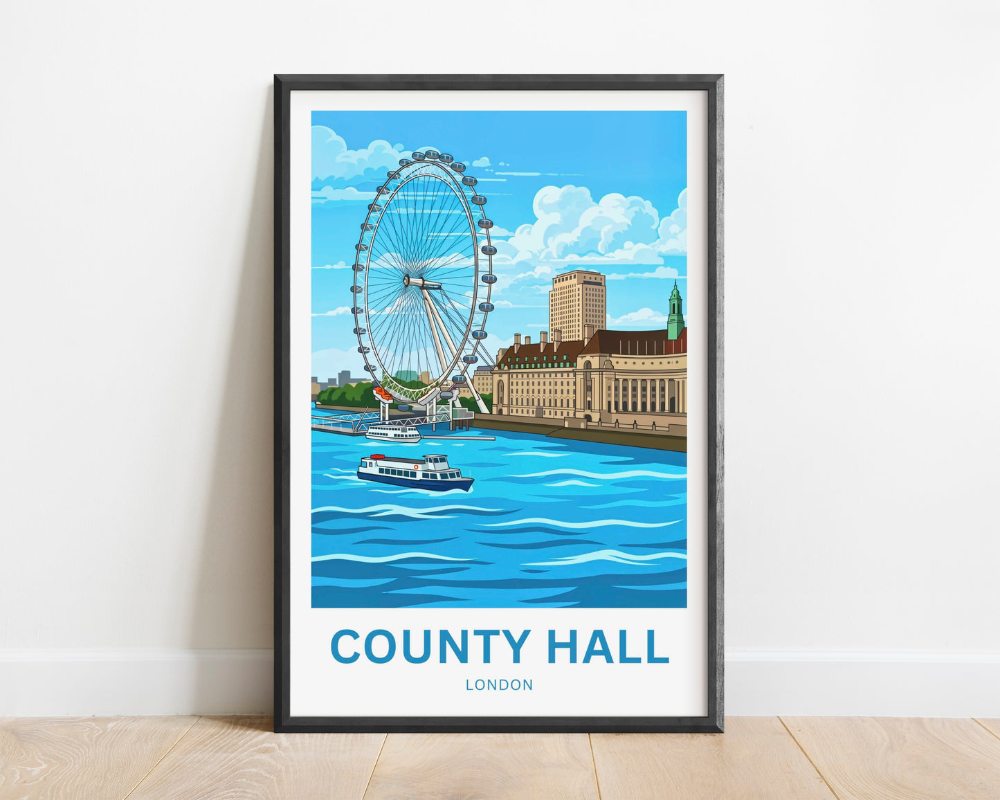 County Hall and London Eye Travel Poster - Waterfront