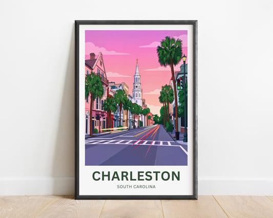 Charleston Historic District Travel Poster - Pinkish Glow