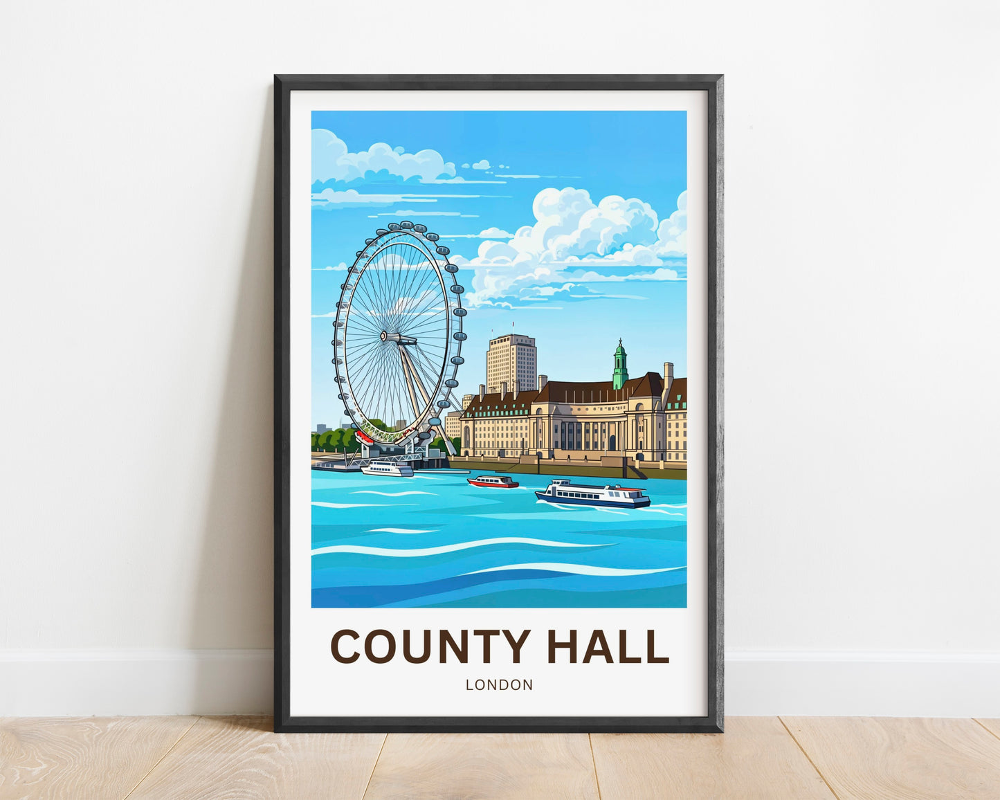 County Hall and the iconic London Eye Travel Poster