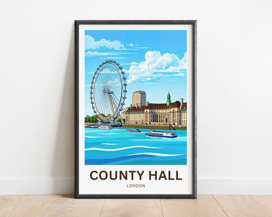 County Hall and the iconic London Eye Travel Poster