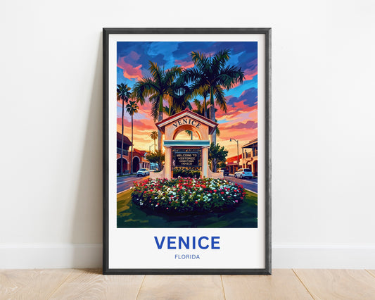 Venice, Florida Travel Poster - Evening Downtown Landmark