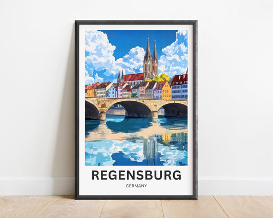 Regensburg Travel Poster -  Iconic River Bridge in Germany