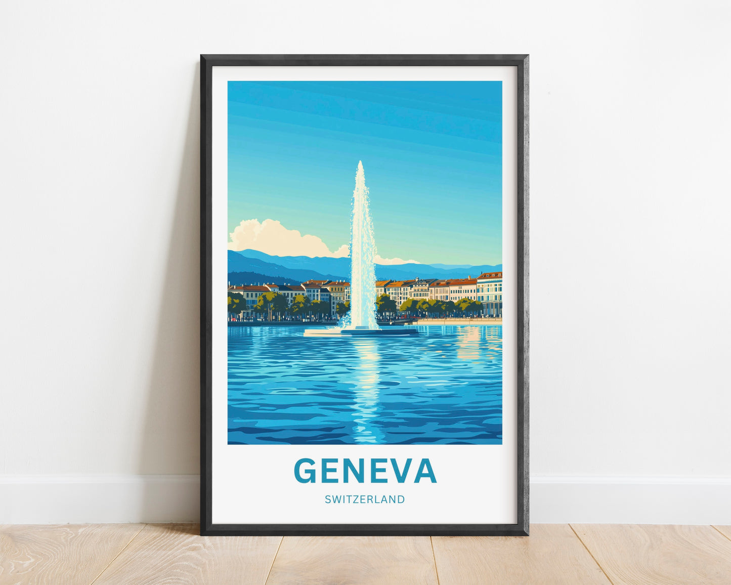 Geneva Travel Poster - Lake and Sky featuring Jet d'Eau rises