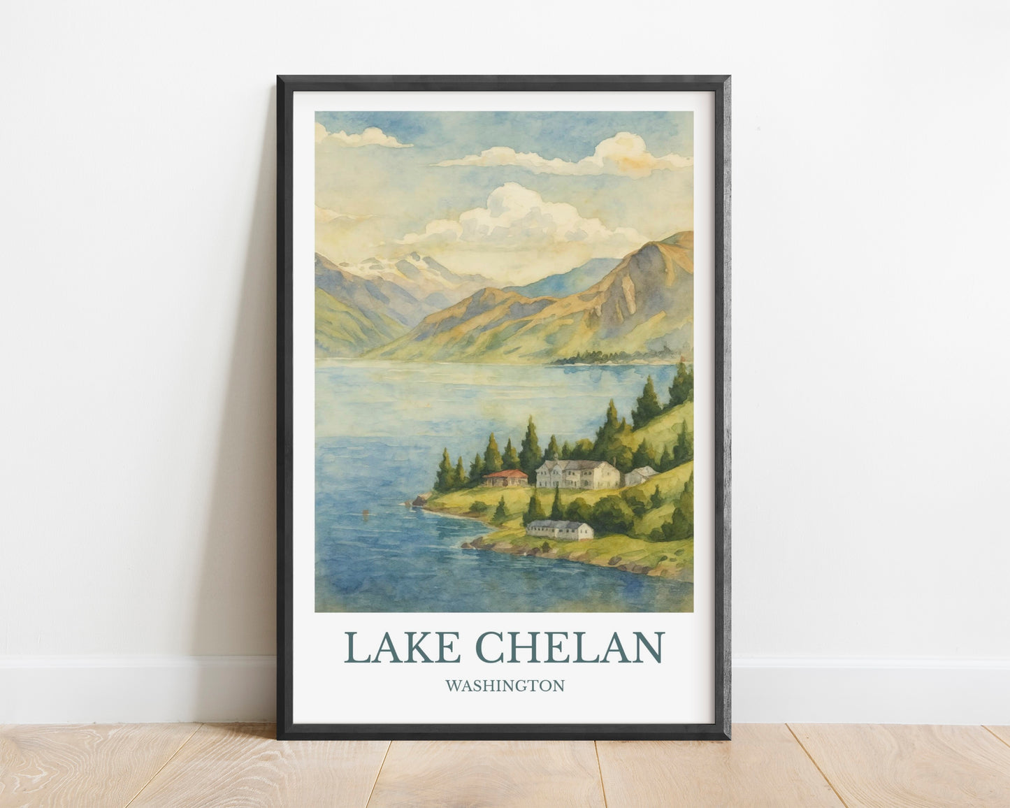 Lake Chelan, Watercolor design poster, Washington Print, Lake Chelan Wall Art