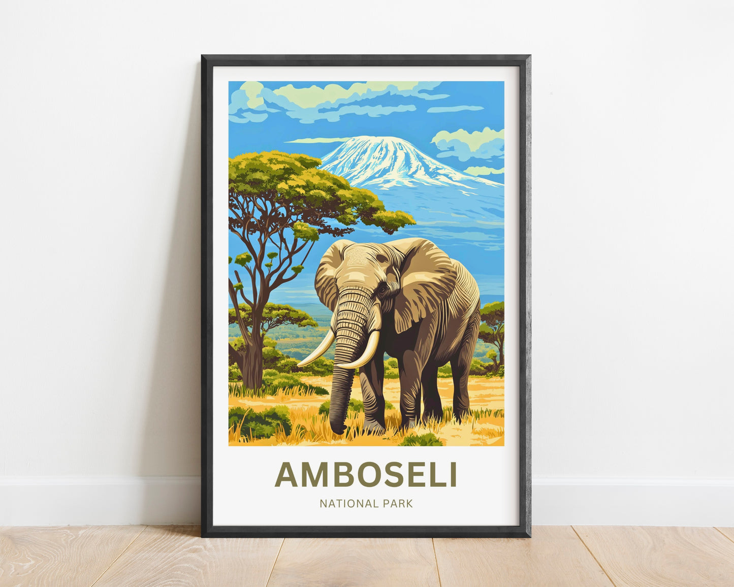 Amboseli National Park Travel Poster  - Charming Elephant and Breathtaking view of Kilimanjaro