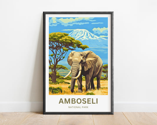 Amboseli National Park Travel Poster  - Charming Elephant and Breathtaking view of Kilimanjaro