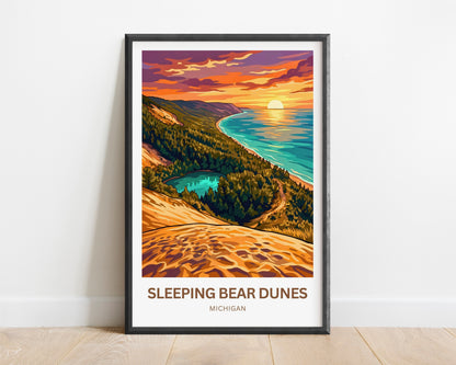 Sleeping Bear Dunes Travel Poster - Beautiful Sunset