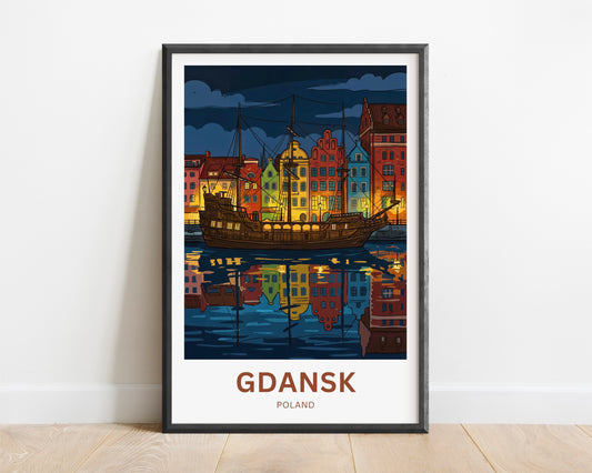 Gdańsk  Travel Poster - Harbor lights at midnight