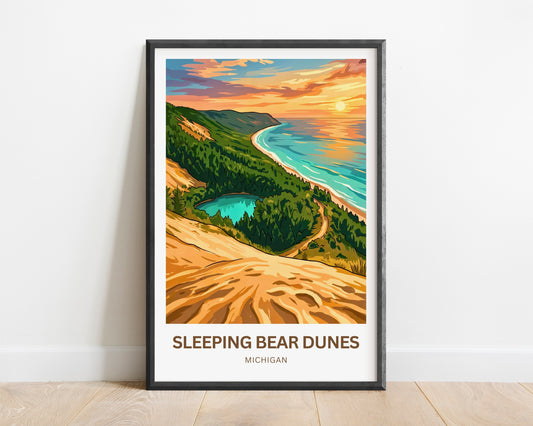 Sleeping Bear Dunes Travel Poster -Breathtaking Sunset View