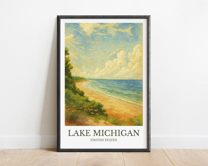 Lake Michigan, Watercolor design poster, North America’s Great Lakes Print, Lake Michigan Wall Art