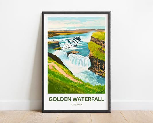 Golden Waterfall Travel Poster - Captivating Iconic Falls of Iceland