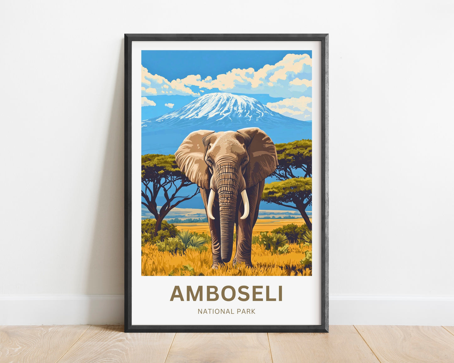 Amboseli National Park Travel Poster  - Stunning Elephant and Majestic Kilimanjaro View