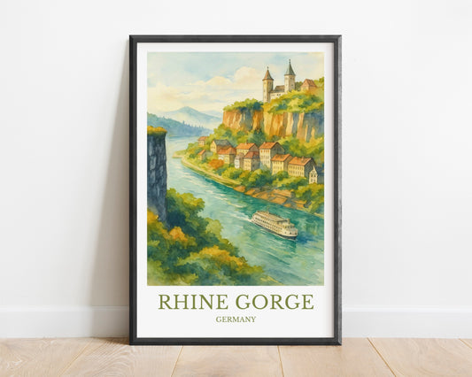 Rhine Gorge, Watercolor design poster, Germany Print, Rhine Gorge Wall Art