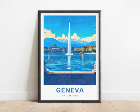 Geneva Travel Poster - Soaring Waters of Switzerland