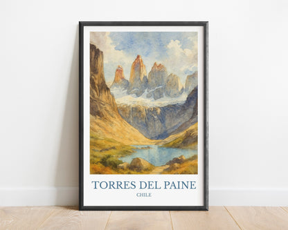 Torres del Paine, Watercolor design poster, Chile Print, Torres del Paine Wall Art